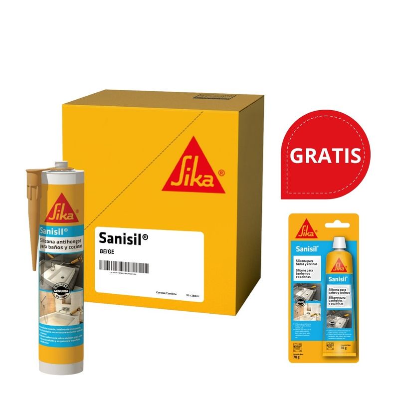 SIKA - 12Siliconas Antihongos para Baños SikaSanisil®Beige280ml+Blister70gr