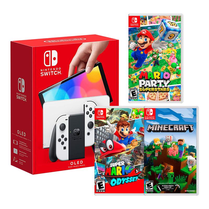 NINTENDO - Consola Switch Oled Blanco+Mario Superstar + Mario Odyssey + Minecraft