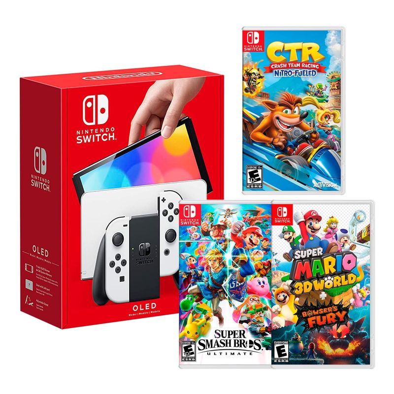NINTENDO - Consola Nintendo Switch Oled Blanco + CTR +Smash bros + Mario 3D World