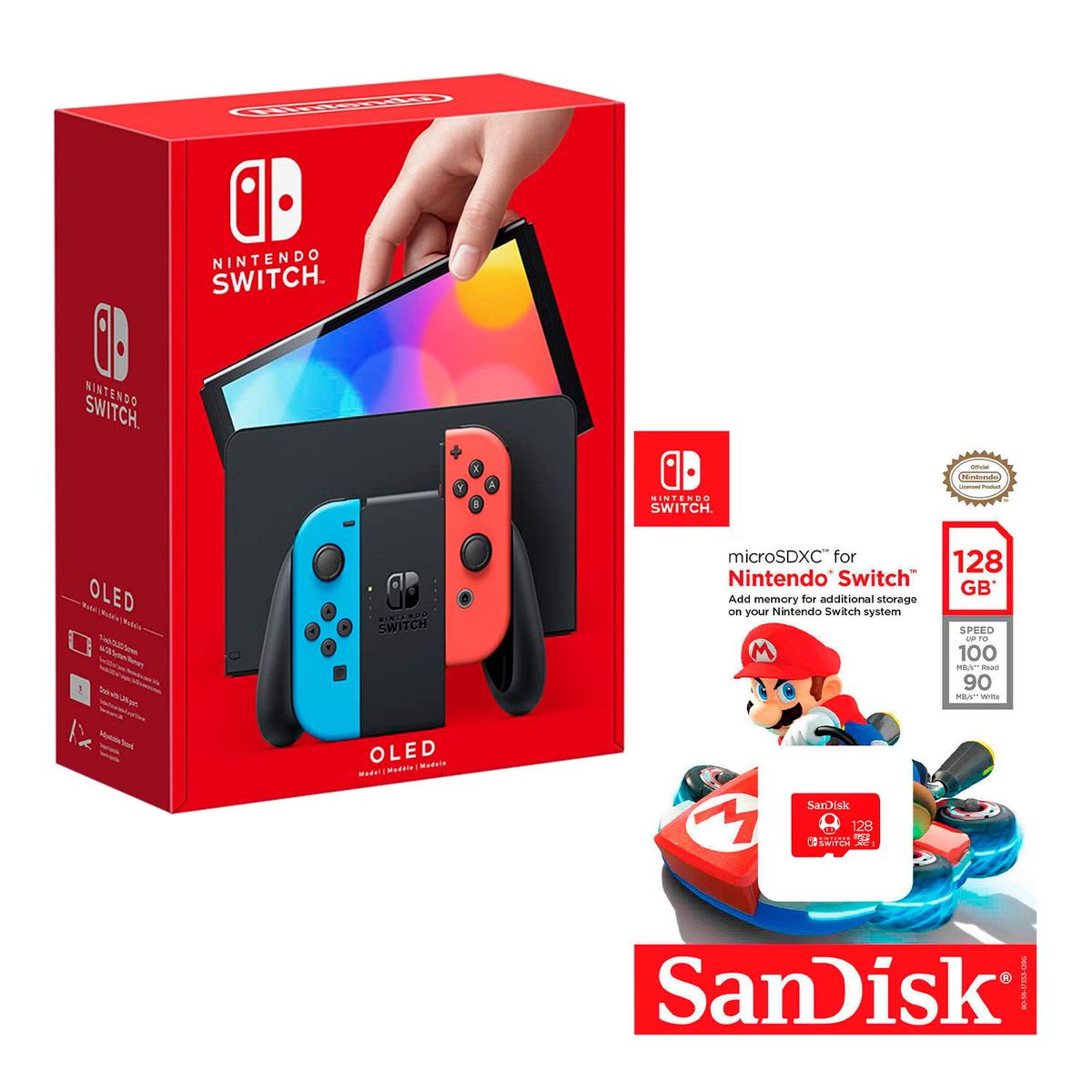 NINTENDO - Consola Nintendo Switch Oled Neon + Memoria Micro SD 128 GB Mario