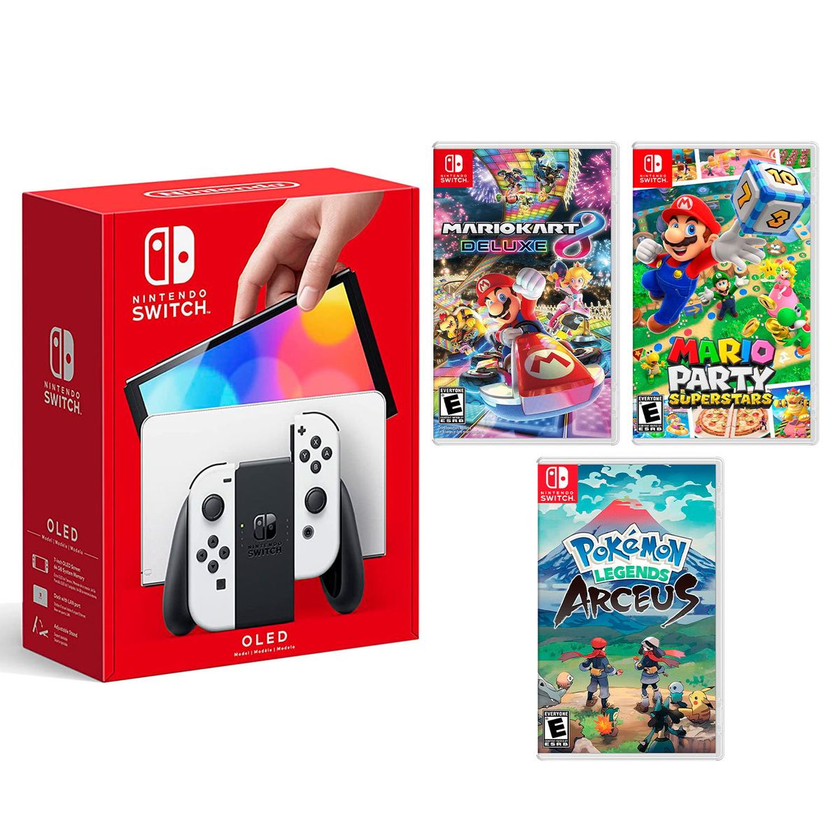 NINTENDO - Switch Oled Blanco + Mario Kart 8 + Mario Superstar + Pokémon Arceus