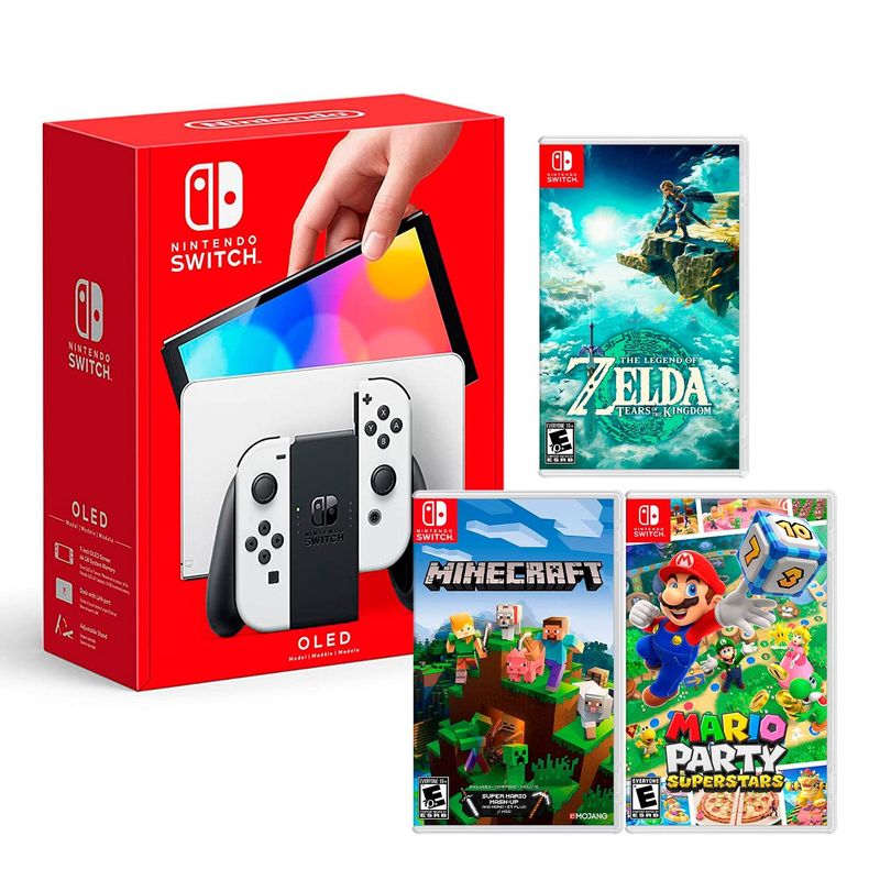 NINTENDO - Consola Switch Oled Blanco + Zelda Tears + Minecraft+ Mario Superstar