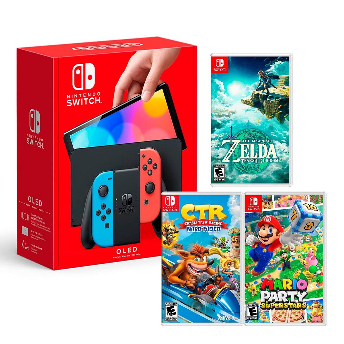 NINTENDO - Consola Nintendo Switch Oled Neon+ Zelda Tears+ CTR + Mario Superstar