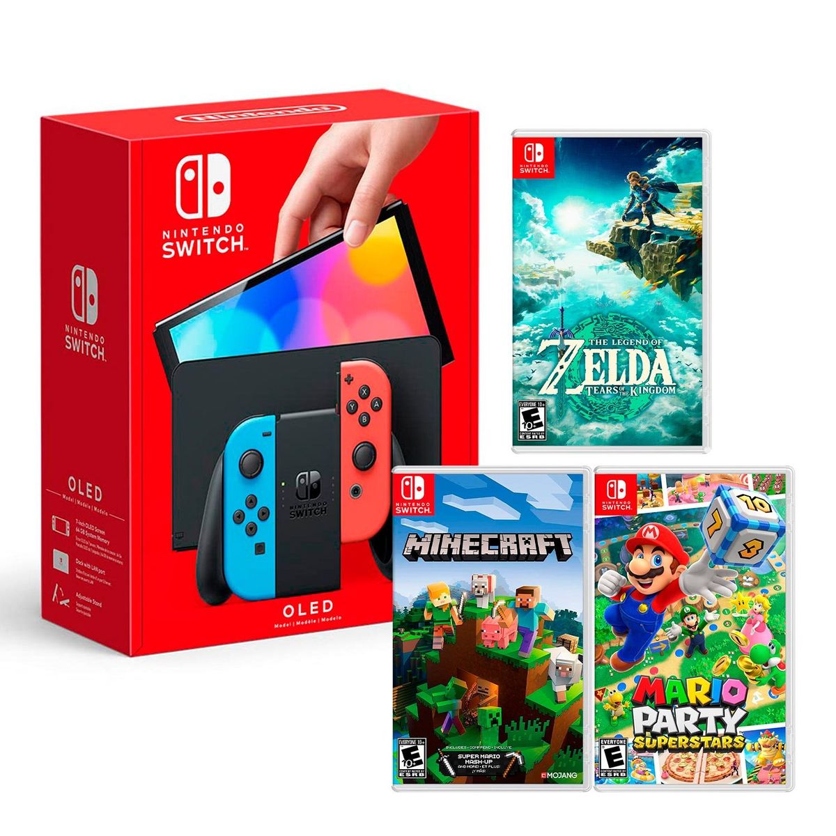 NINTENDO - Consola Switch Oled Neon + Zelda Tears + Minecraft+ Mario Superstar