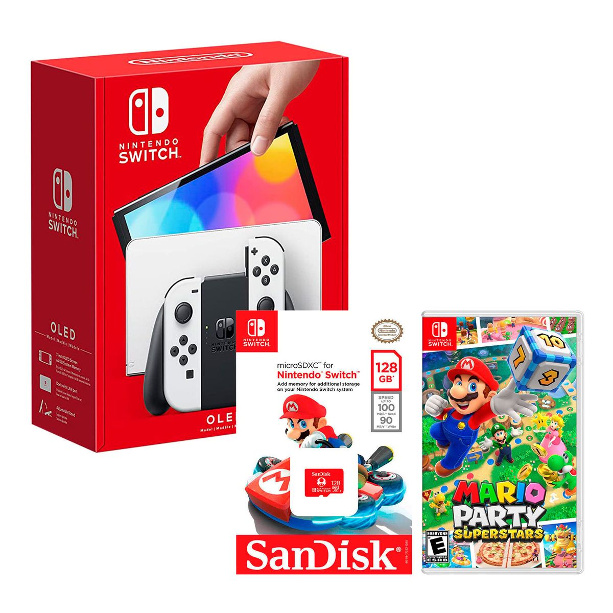 NINTENDO - Consola Switch Oled Blanco + Mario Superstar + Micro SD 128 GB Mario