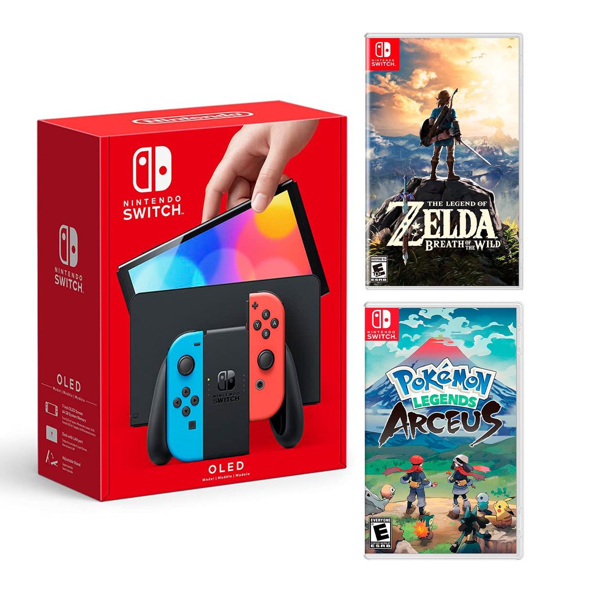 NINTENDO - Consola Nintendo Switch Oled Neon + Zelda Breath + Pokémon Arceus