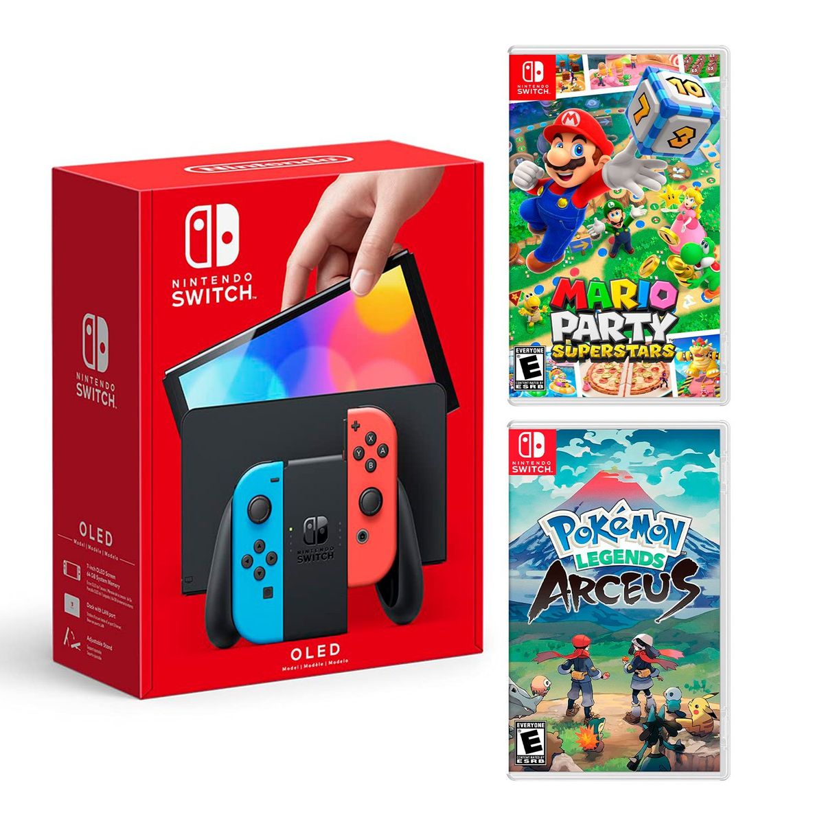 NINTENDO - Consola Nintendo Switch Oled Neon + Mario Superstar + Pokémon Arceus