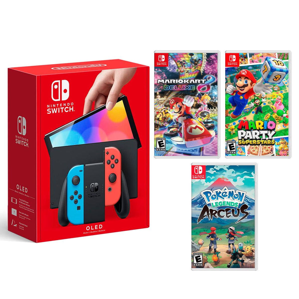 NINTENDO - Switch Oled Neon + Mario Kart 8 + Mario Superstar + Pokémon Arceus