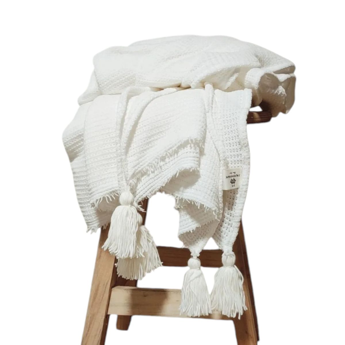 GENERICO - Manta - Pie de cama  200x120 en Tejido Waffle + borlas - colo blanco