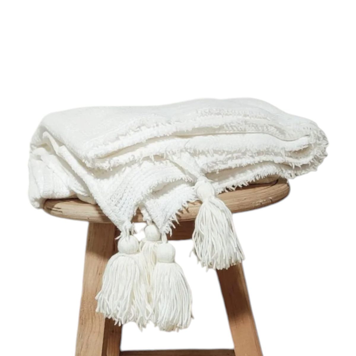 GENERICO - Manta - Pie de cama  200x120 en Tejido Waffle + borlas - colo blanco