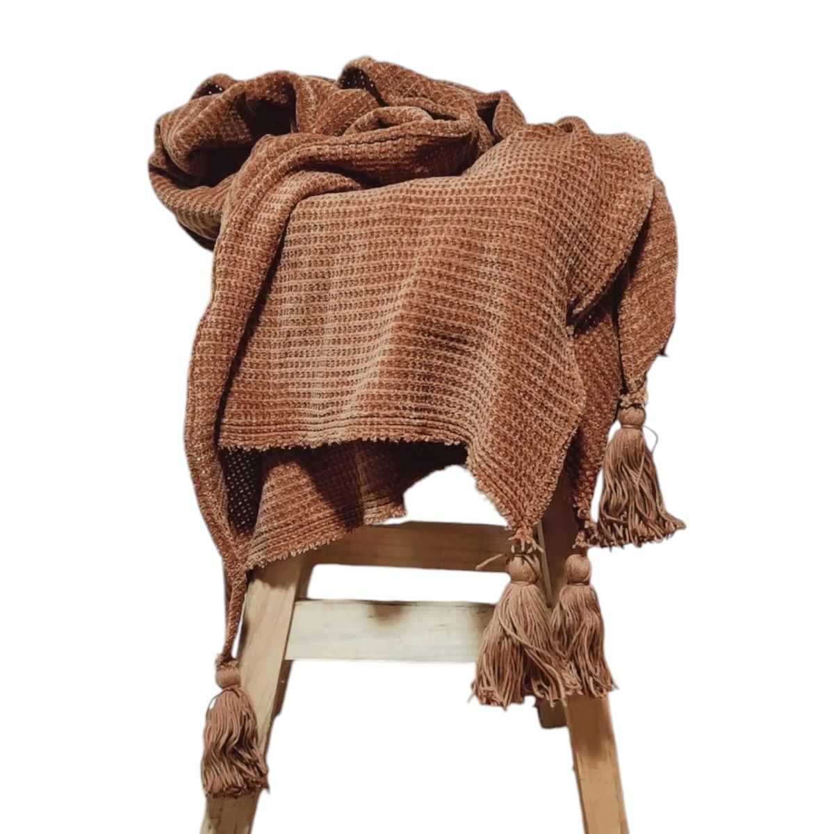 GENERICO - Manta - Pie de cama  200x120 en Tejido Waffle + borlas - Camel