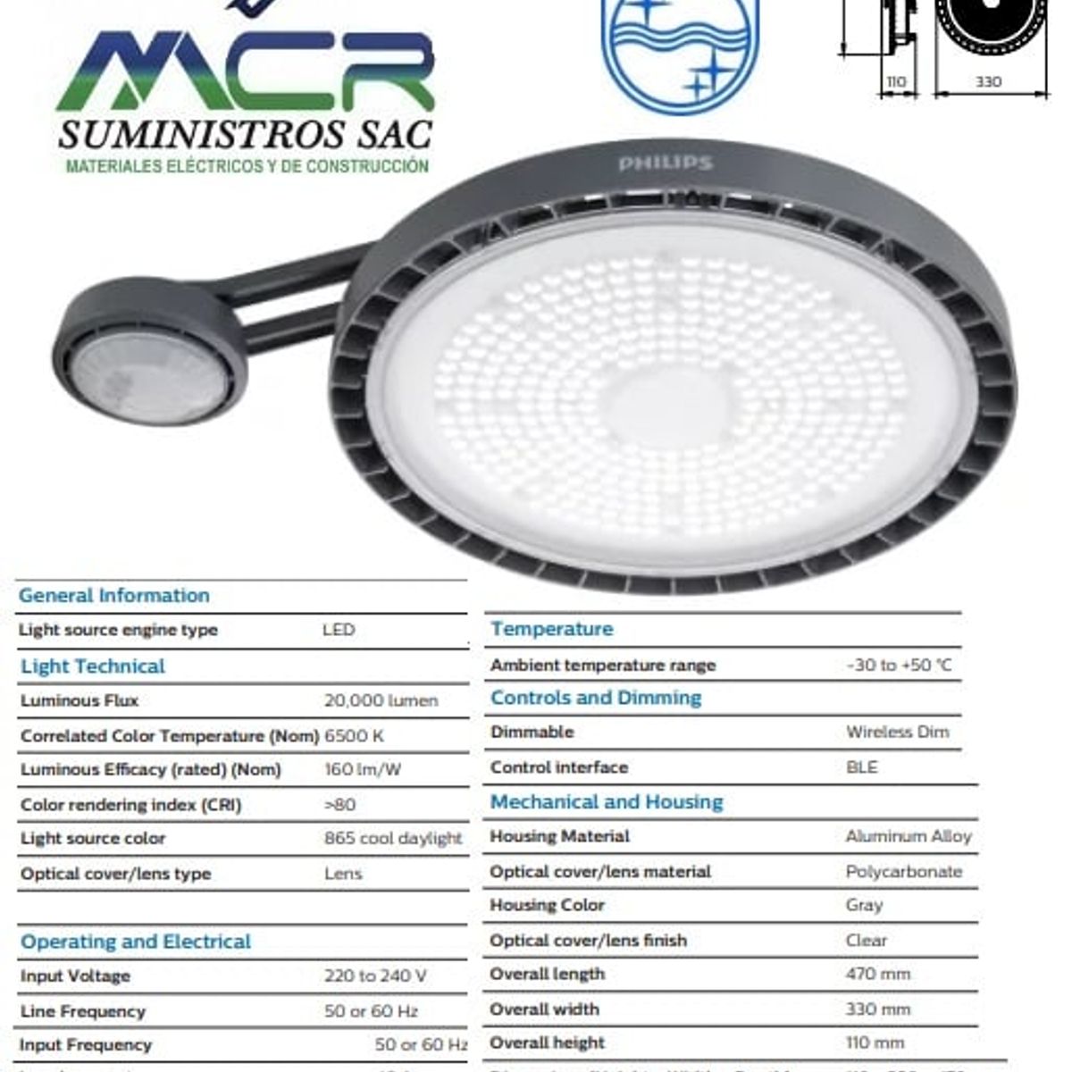 PHILIPS - LAMPARA LED 126W 6500K IP65 20000lm CON SENSOR PHILIPS