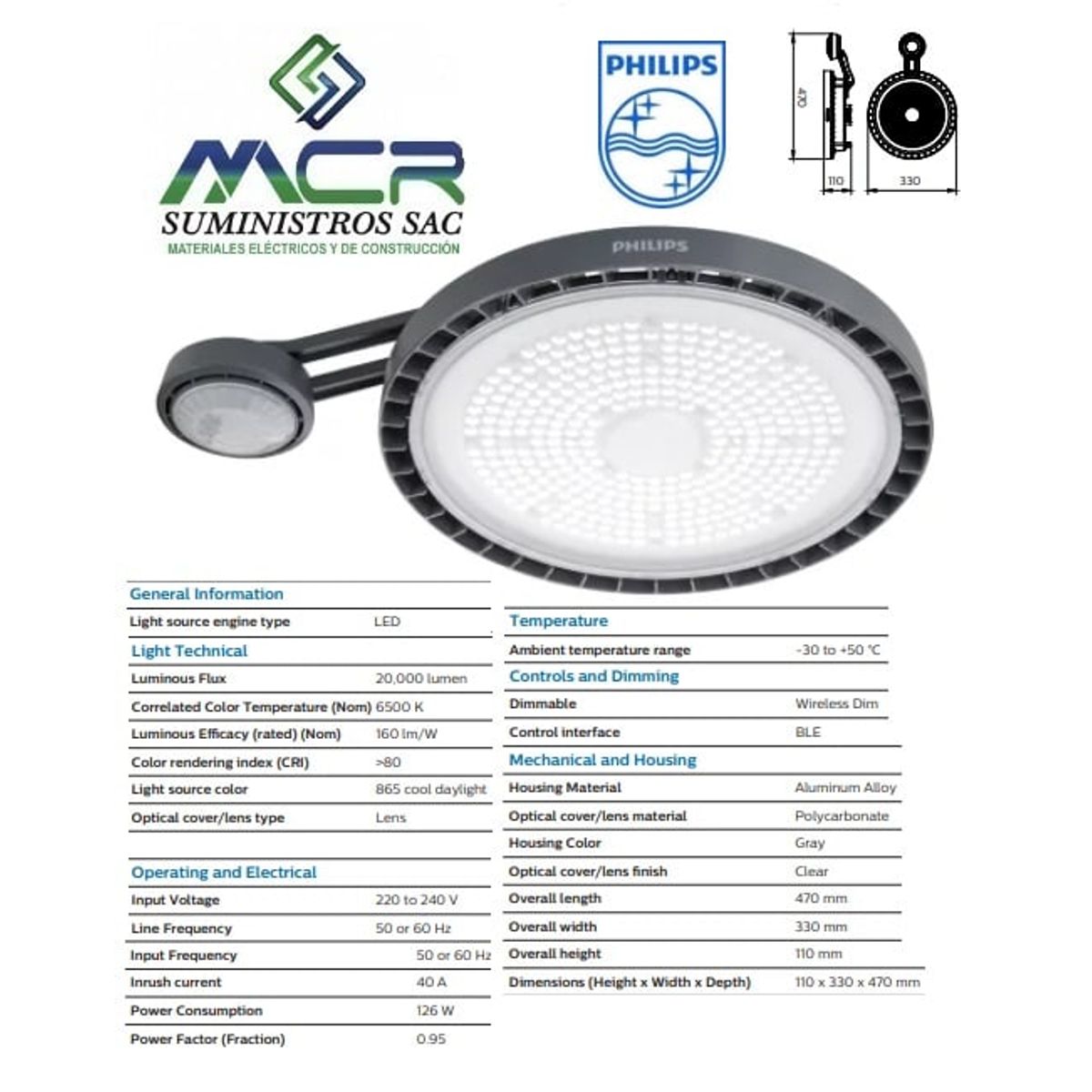 PHILIPS - LAMPARA LED 126W 6500K IP65 20000lm CON SENSOR PHILIPS