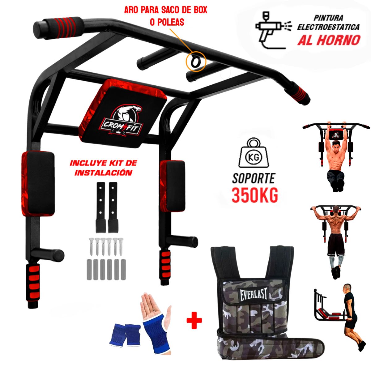 HOLGU - Barra Multifuncional 10 en 1 + Chaleco 10kg + Guantes Gym - uso Ruedo 350kg