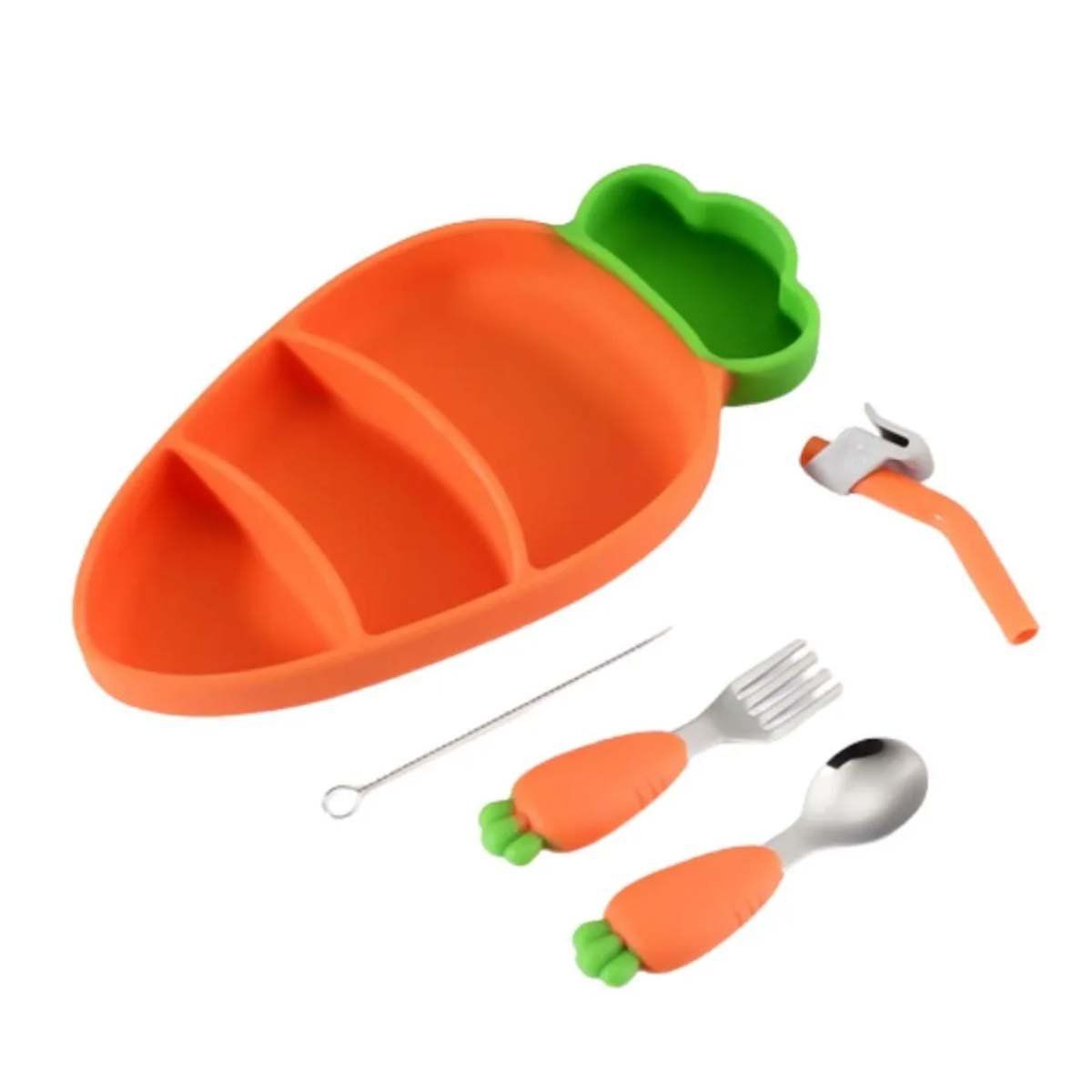 GENERICO - Set Plato y Cubiertos para Bebe Estilo Zanahoria Naranja