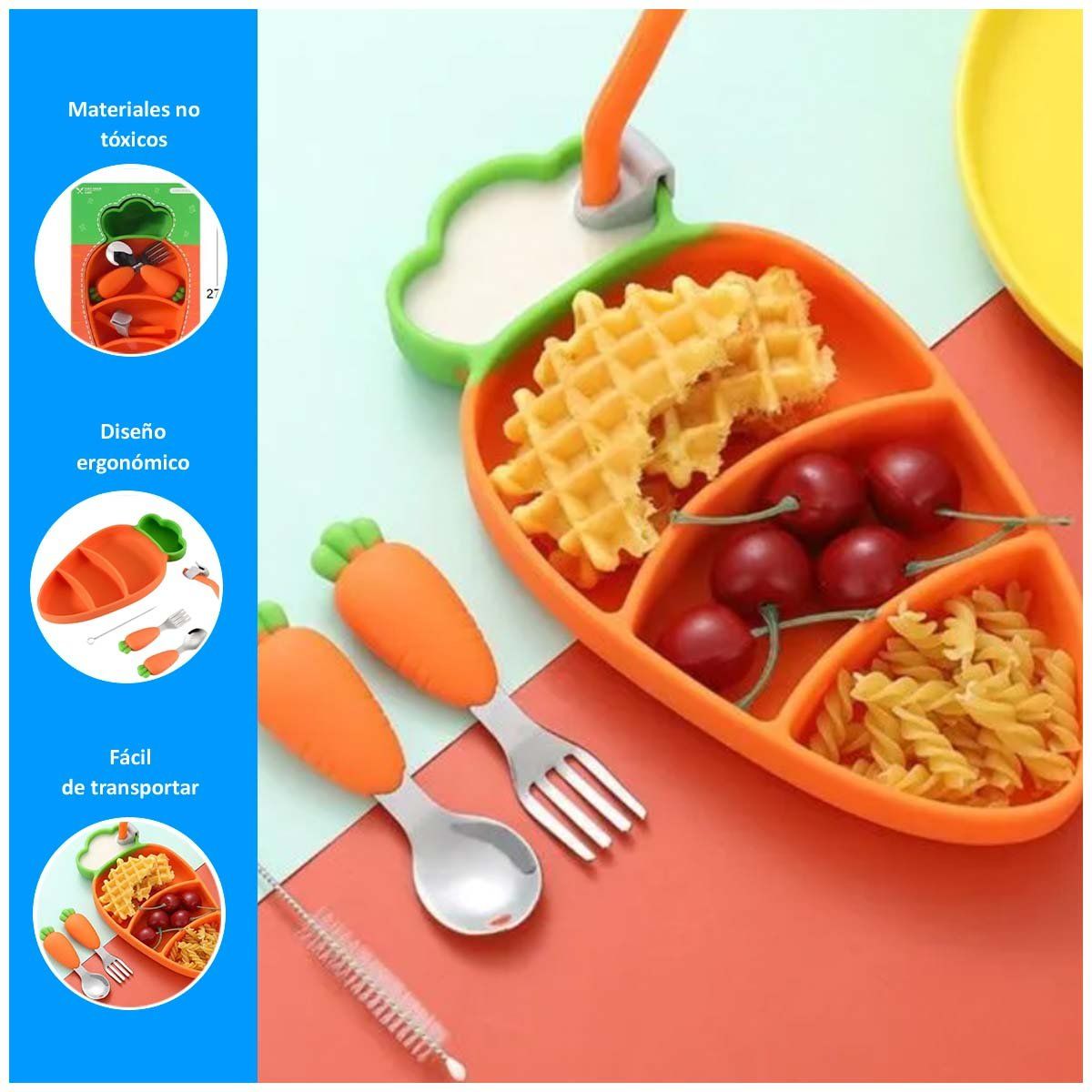 GENERICO - Set Plato y Cubiertos para Bebe Estilo Zanahoria Naranja