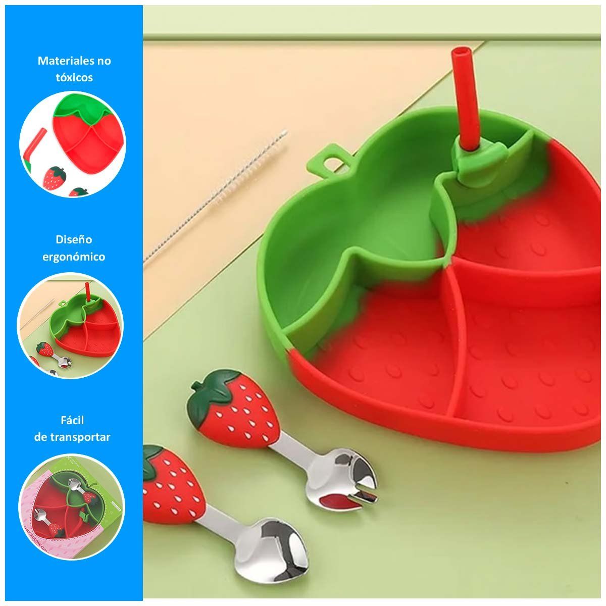 GENERICO - Set Plato y Cubiertos para Bebe Estilo Fresa Rojo