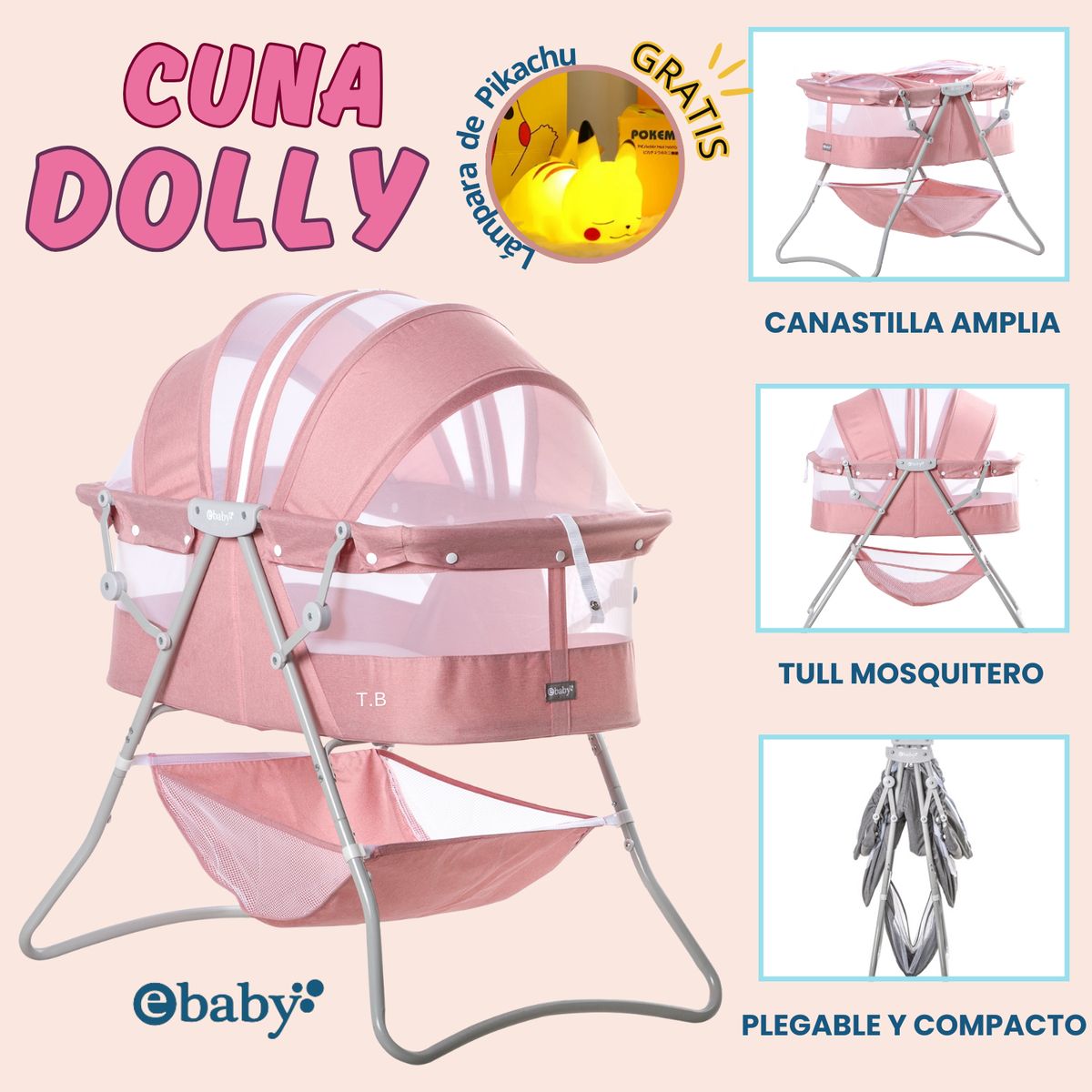 EBABY - CUNA PARA BEBE DOLLY ROSADO EBABY