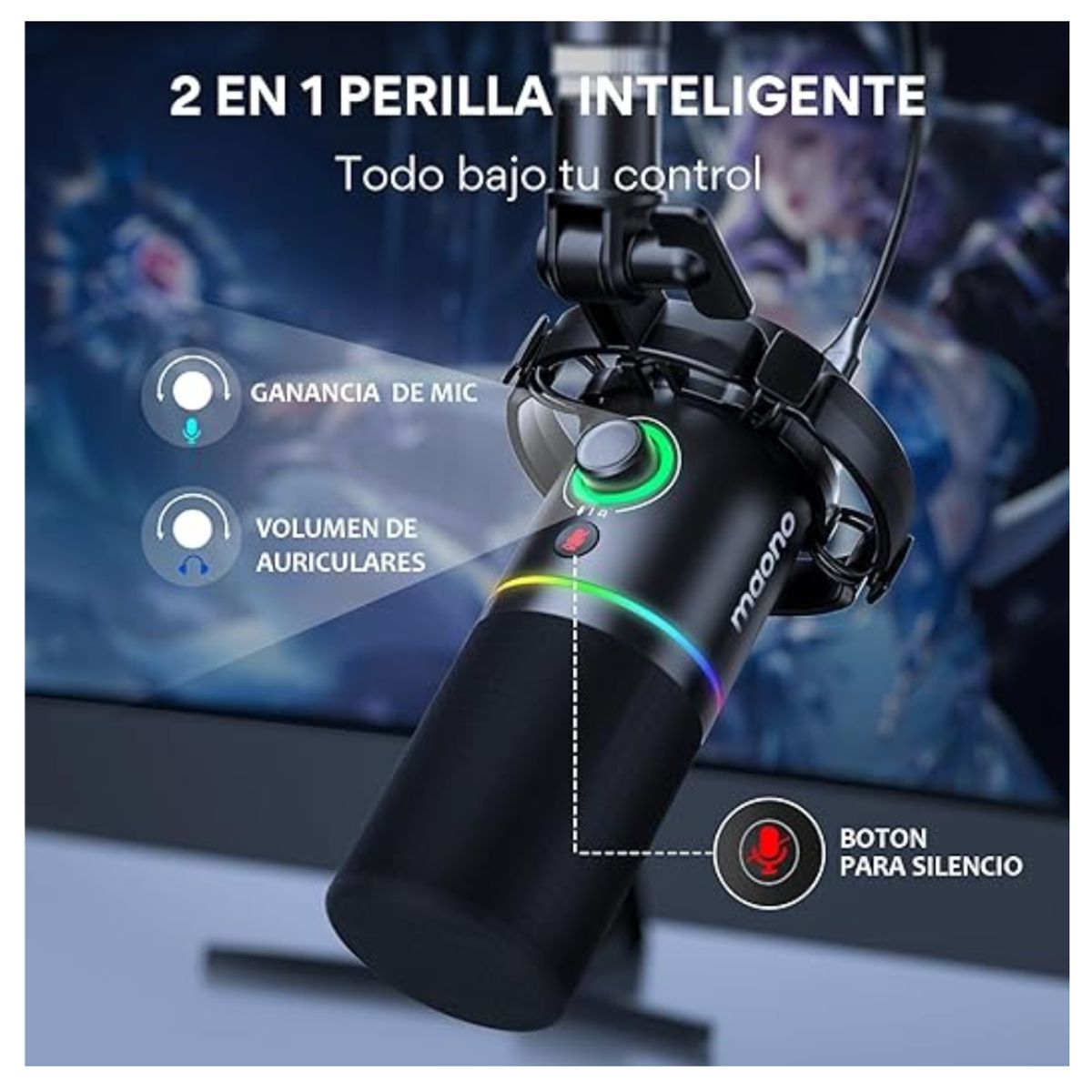 MAONO - Kit Microfono Maono Usb Gamer Condensador Cardioide Podcast Live Tik Tok RGB - PD200XS