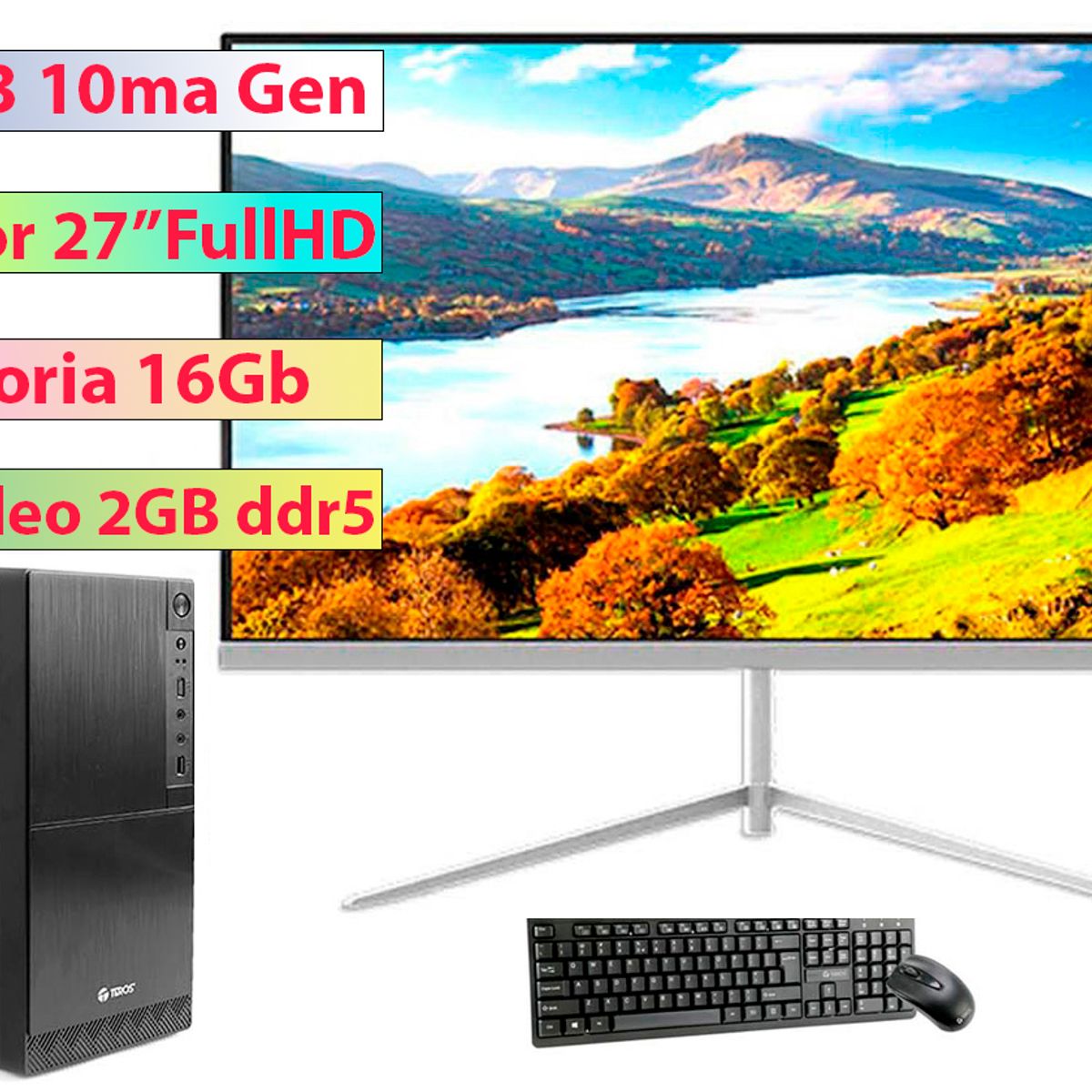INTEL - Computadora Intel Core i3-10100F Monitor 27 Full HD T-Video 2GB 16GB SSD 512GB