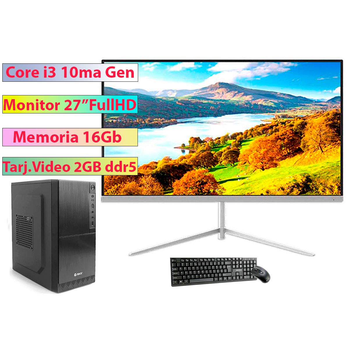 INTEL - Computadora Intel Core i3-10100F Monitor 27 Full HD T-Video 2GB 16GB SSD 512GB