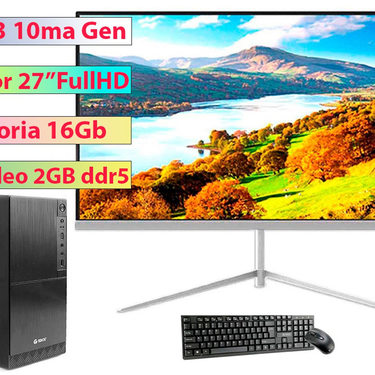 INTEL - Computadora Intel Core i3-10100F Monitor 27 Full HD T-Video 2GB 16GB SSD 512GB
