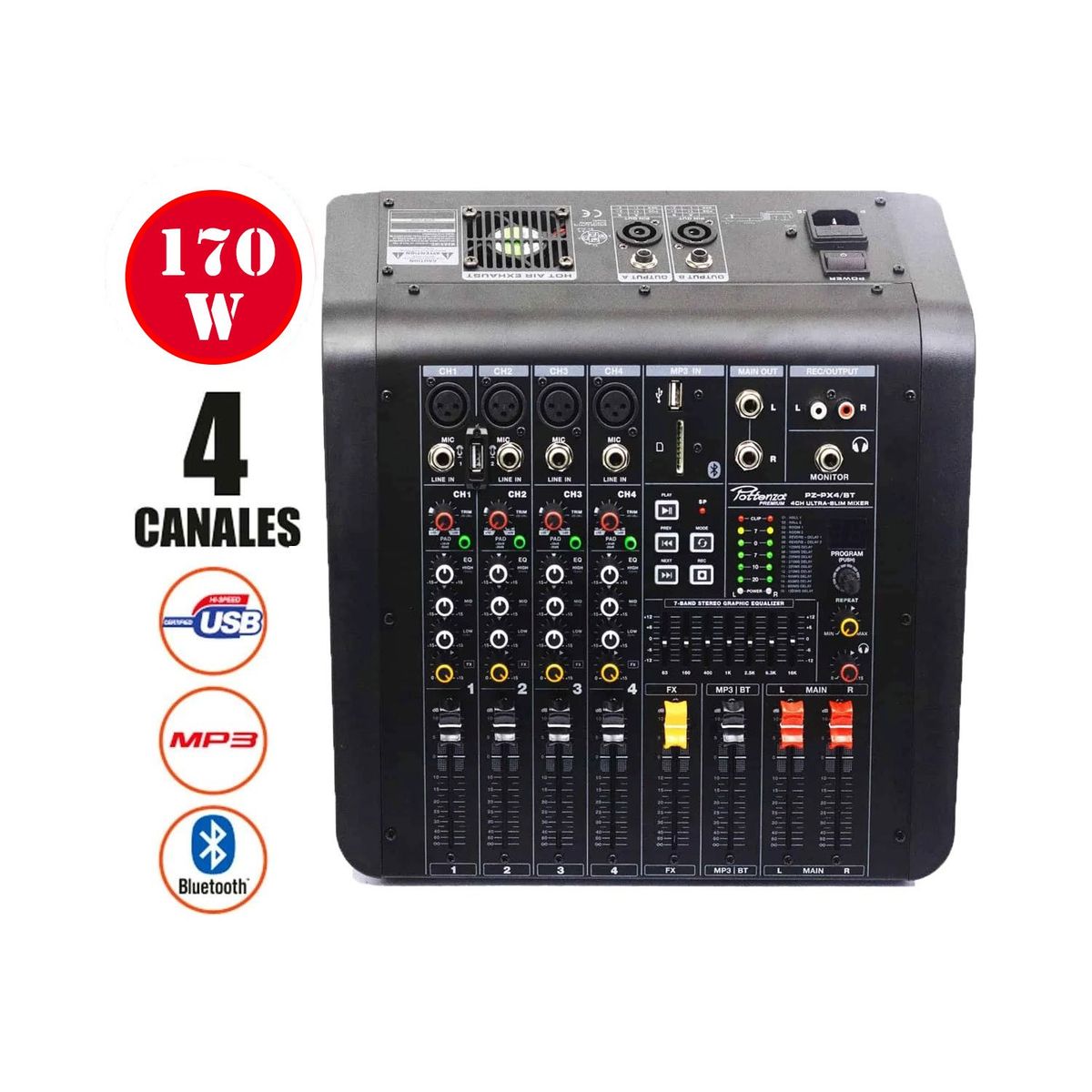 GENERICO - Consola Amplificada 4 Canales 170W USB/MP3/BT PZ-PX4/BT POTTENZA