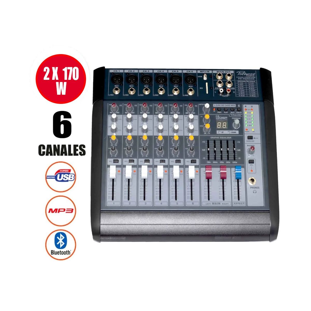 GENERICO - Consola Amplificada 6 canales 2x170W USB/MP3/BT PZ-MP6000 POTTENZA