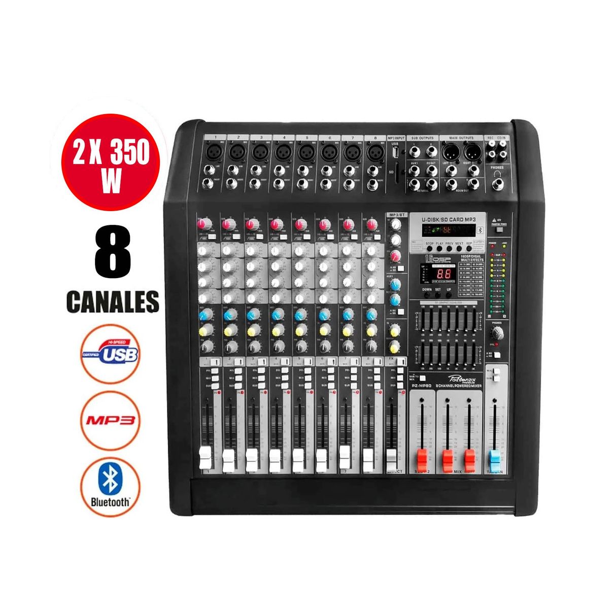 GENERICO - Consola Amplificada 8 Canales 2x350W USB/MP3/BT PZ-MP80 POTTENZA