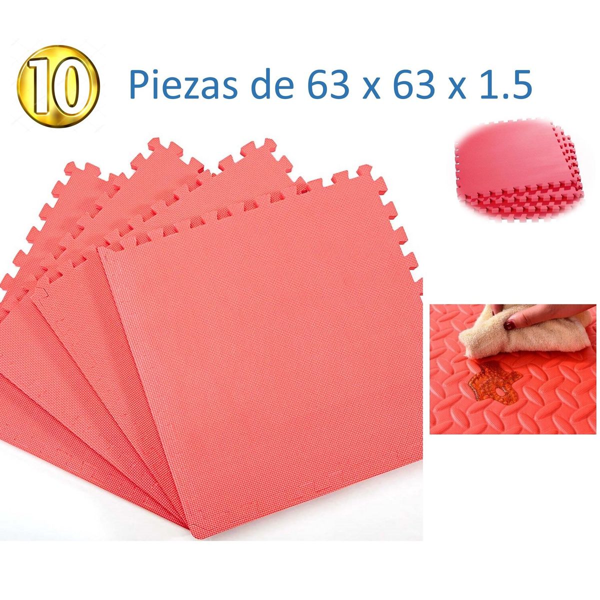 GENERICO - Piso de goma eva para bebes 10 piezas de 63x63 cm - rojo