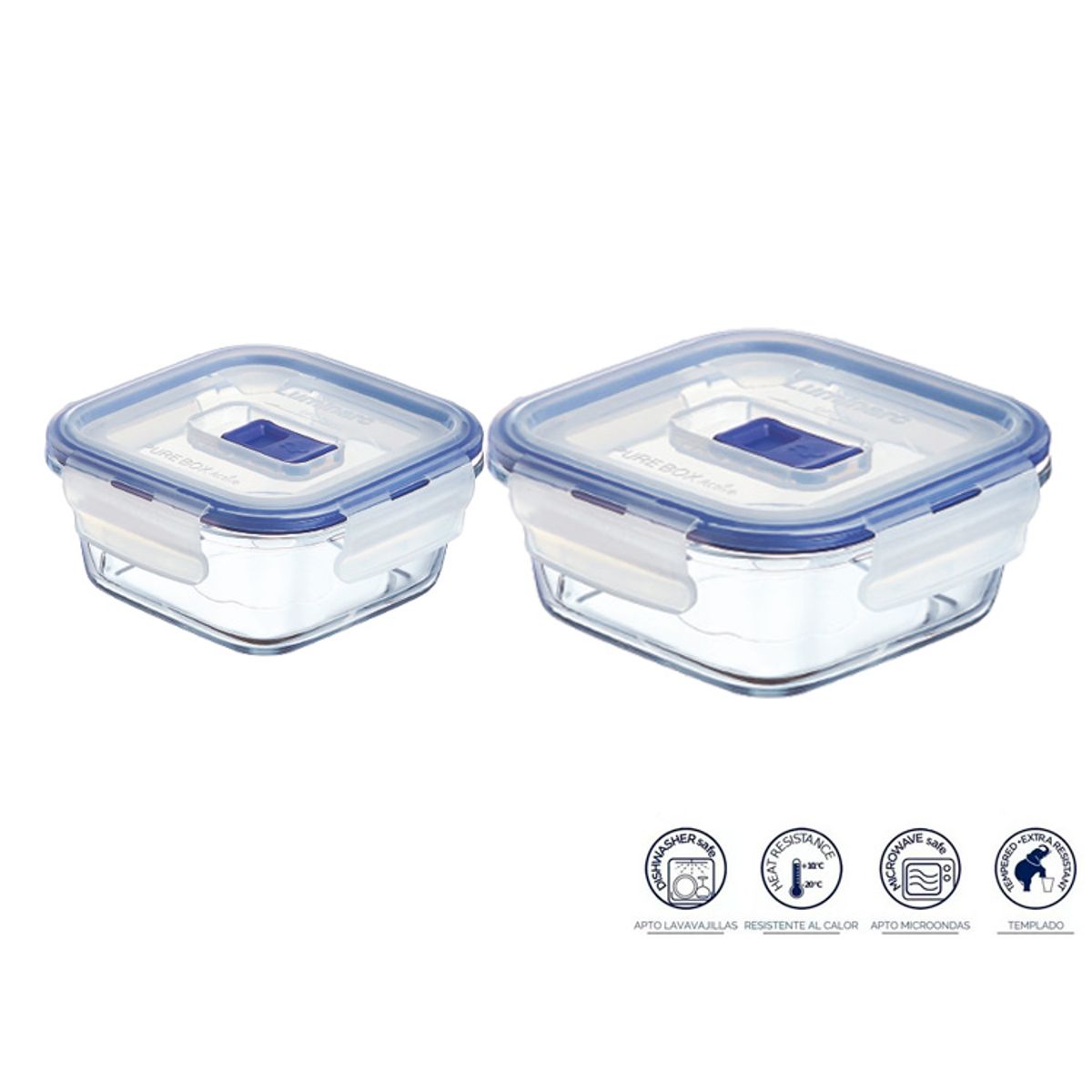 LUMINARC - Pack  X2 de taper cuadrado c/ tapa azul de 380 ml y 760 ml