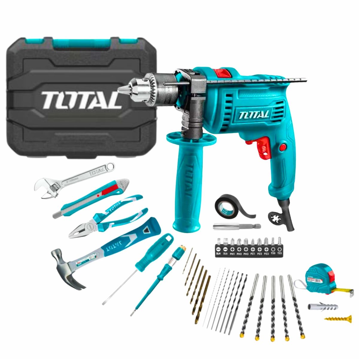 TOTAL TOOLS - Taladro Percutor 680w Industrial + Set Herramientas Total