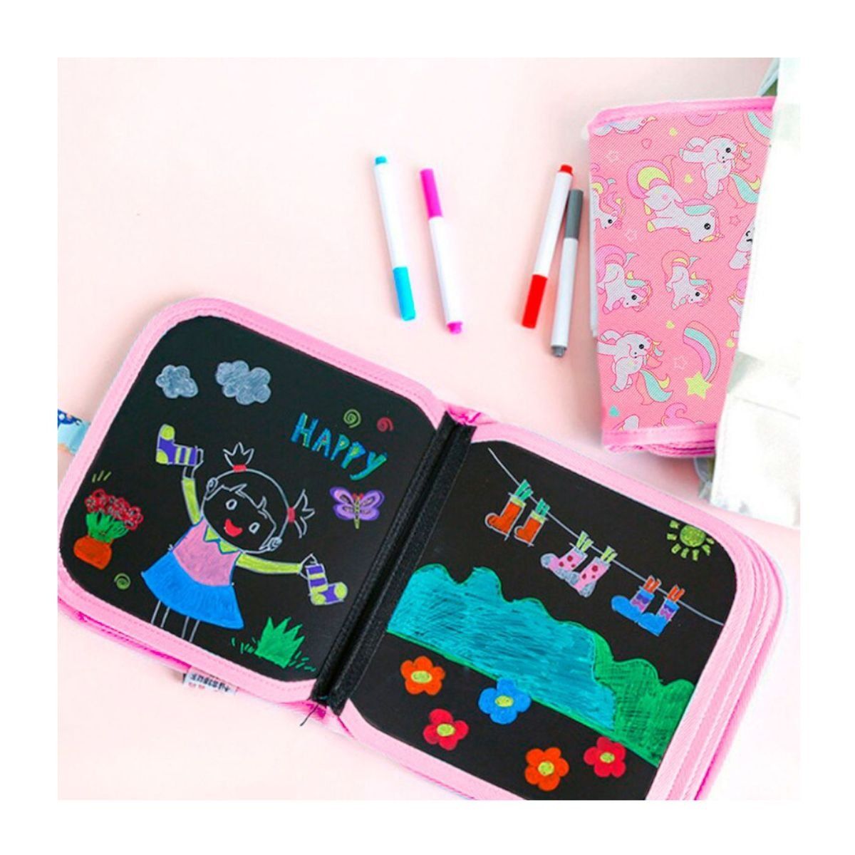 GENERICO - Libro Cuaderno Pizarra Reutilizable + 6 Plumones Para Niños