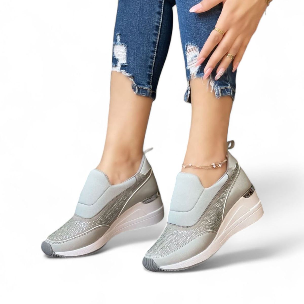 GENERICO - Zapatilla mujer casual taco 5 ESCARCHADO 2046l-50 COLOR GRIS.-