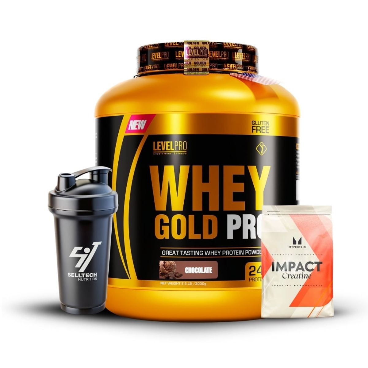 LEVEL PRO - Whey Gold Pro 3kg Chocolate+Creatina Myprotein 250gr