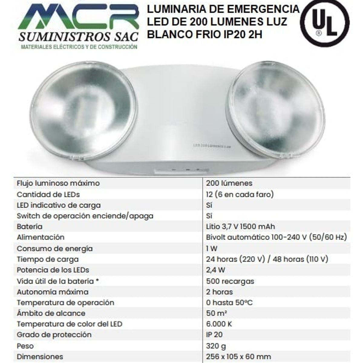 GENERICO - LAMPARA DE EMERGENCIA LED DE 200 LUMENES LUZ BLANCO FRIO IP20