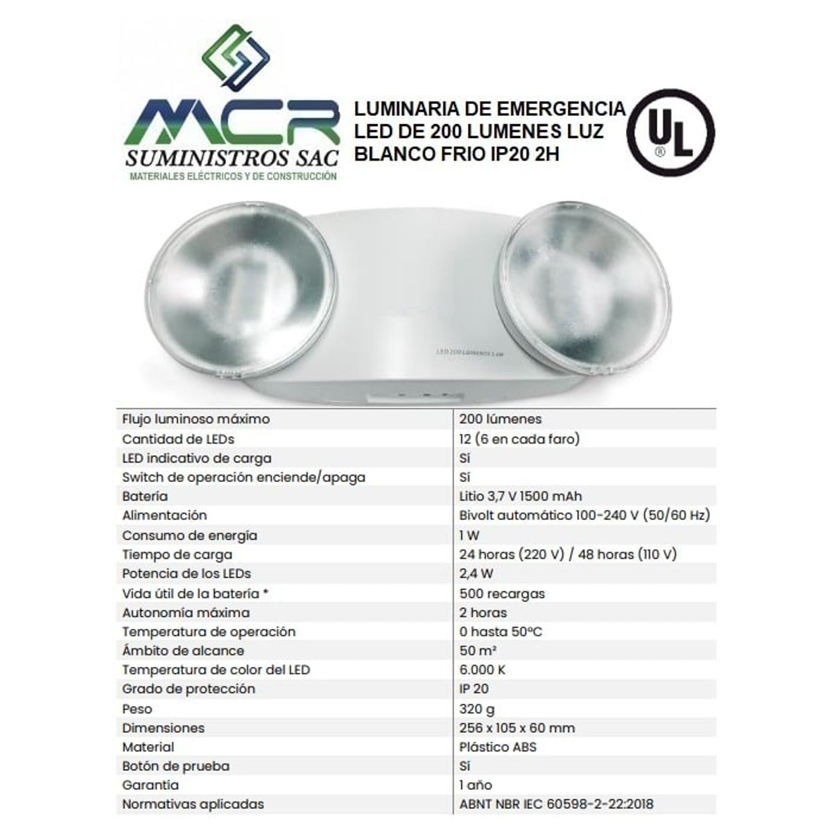 GENERICO - LAMPARA DE EMERGENCIA LED DE 200 LUMENES LUZ BLANCO FRIO IP20