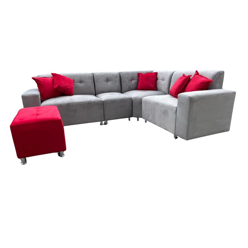 AMOBLART - SECCIONAL LEYVA PLATA  CON BANQUETA ROJO + 6 COJINES