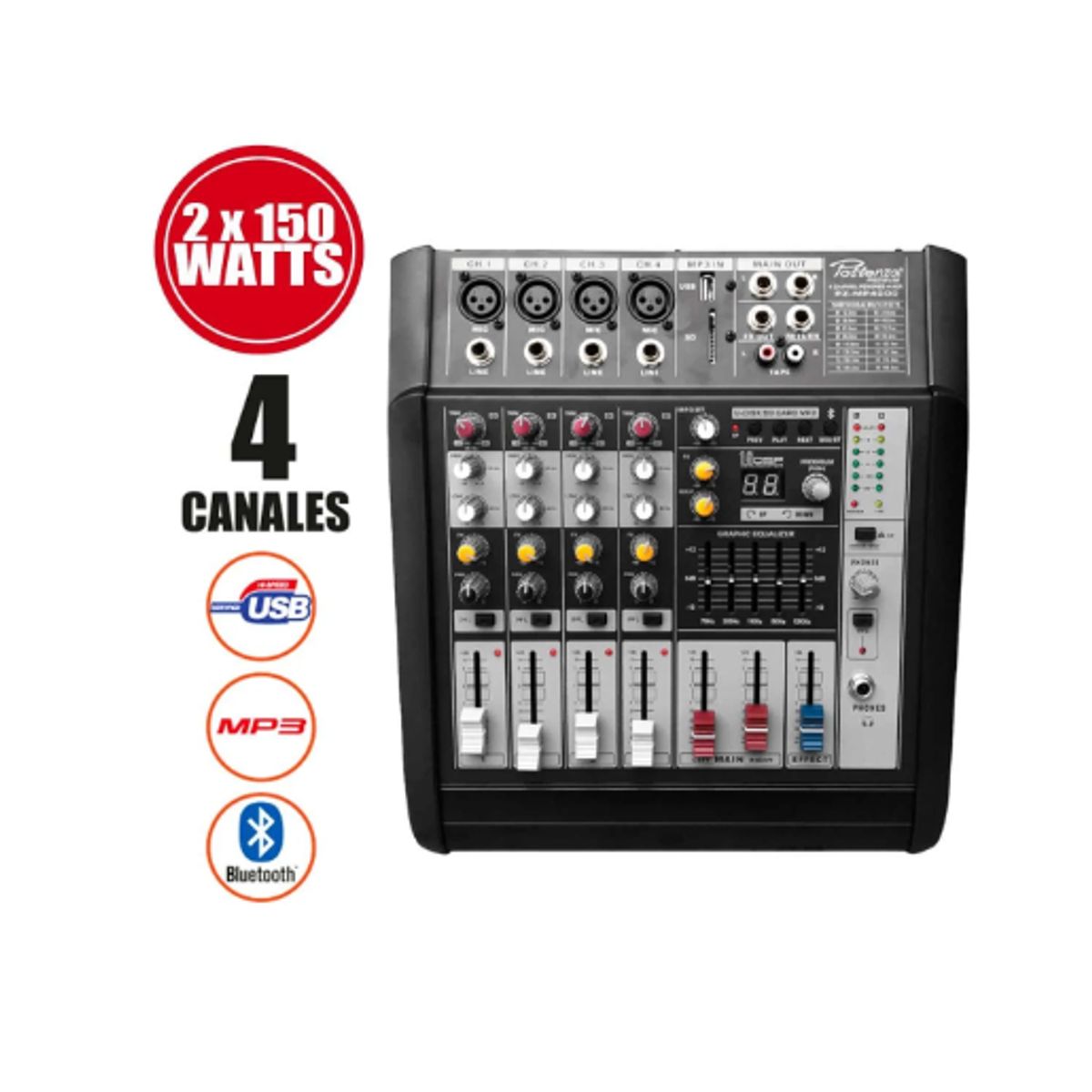 GENERICO - Consola Amplificada 4 canales USB/MP3/Bluetooth PZ-MP4000 POTTENZA