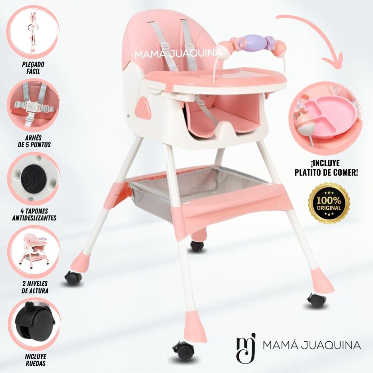 BABY - Silla de Comer «LODGE» con Ruedas Edición Limitada Pink