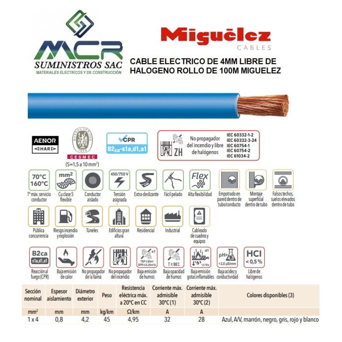 GENERICO - CABLE ELECTRICO DE 4MM LIBRE DE HALOGENO ROLLO DE 100M MIGUELEZ AZUL