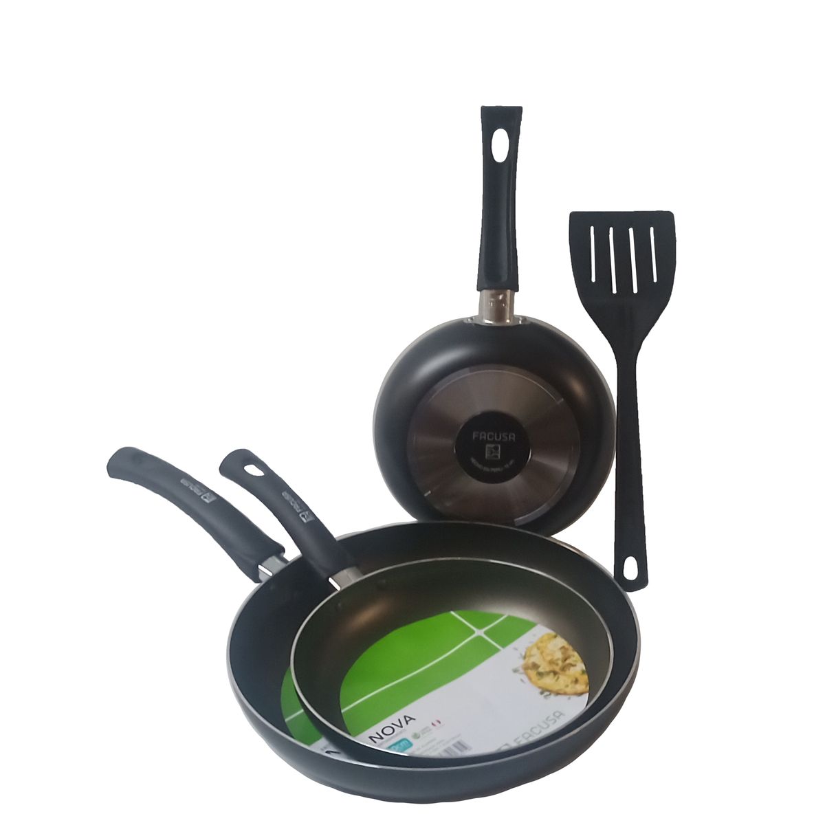 FACUSA - Sarten Antiadherente Juego de 3 Unidades (26 cm, 18 cm y 16 cm) + 1 Espátula de Nylon Gratis