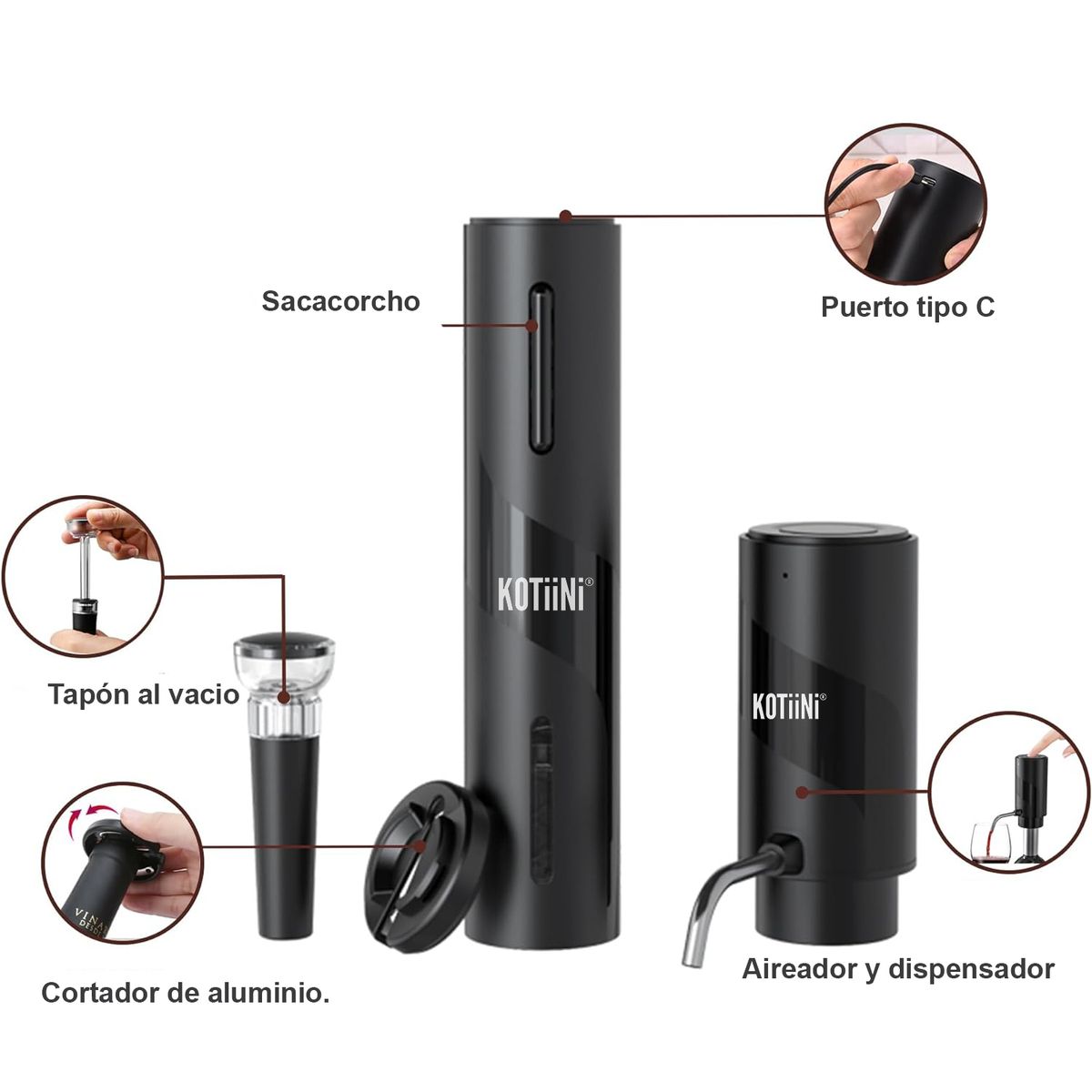 KOTIINI - Set Sacacorcho y Aireador recarga USB Kotiini