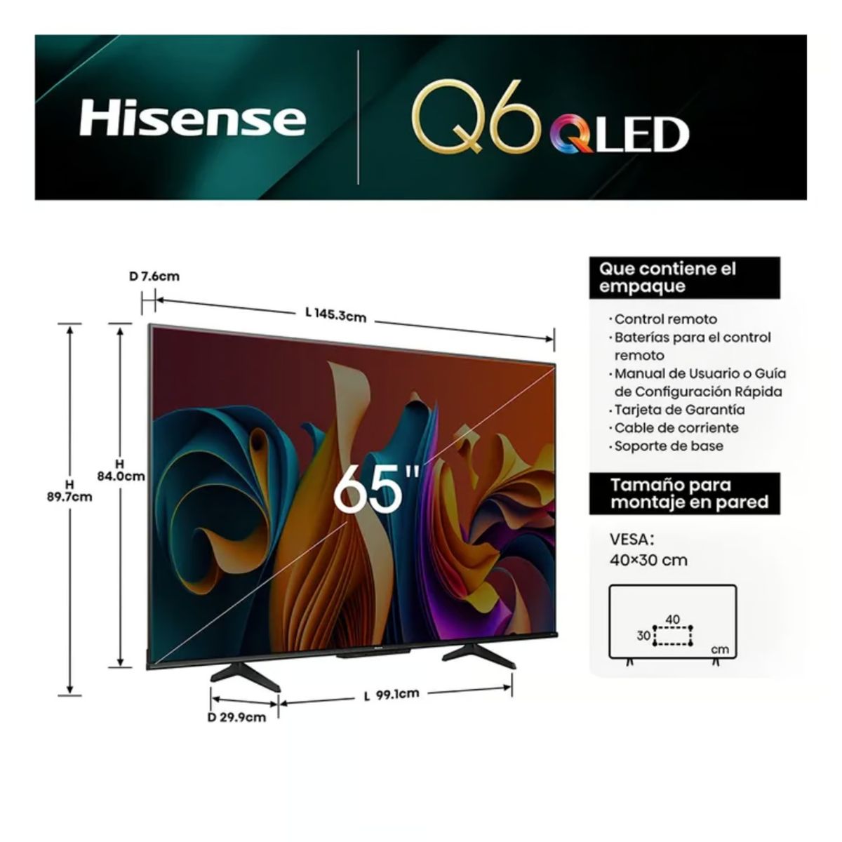 HISENSE - TELEVISOR HISENSE 65 GOOGLE TV 4K UHD QLED 65Q6N - NEGRO 2024