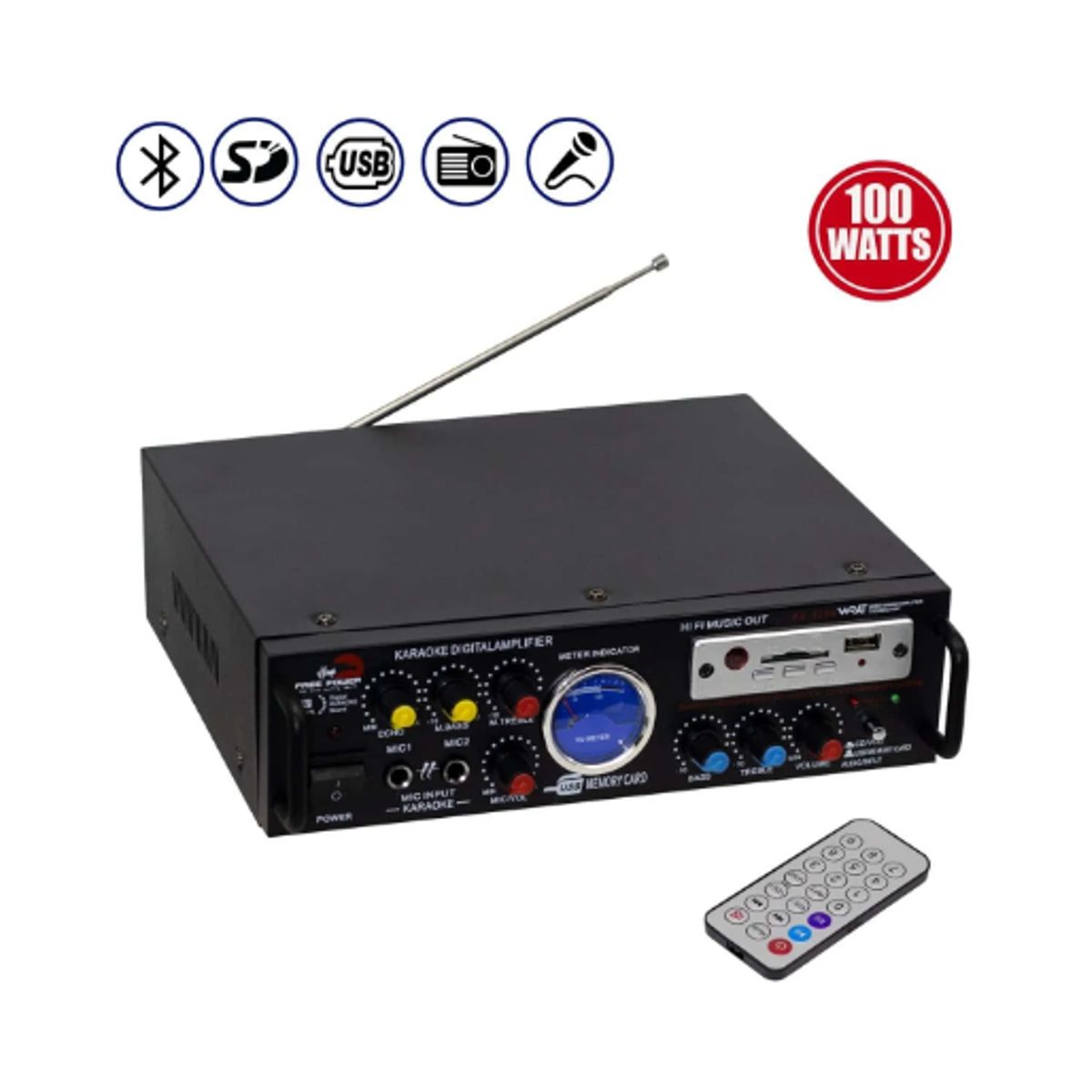 GENERICO - Mini Amplificador de Audio 100W 2 MIC USB/SD/FM AV-339A FREE POWER