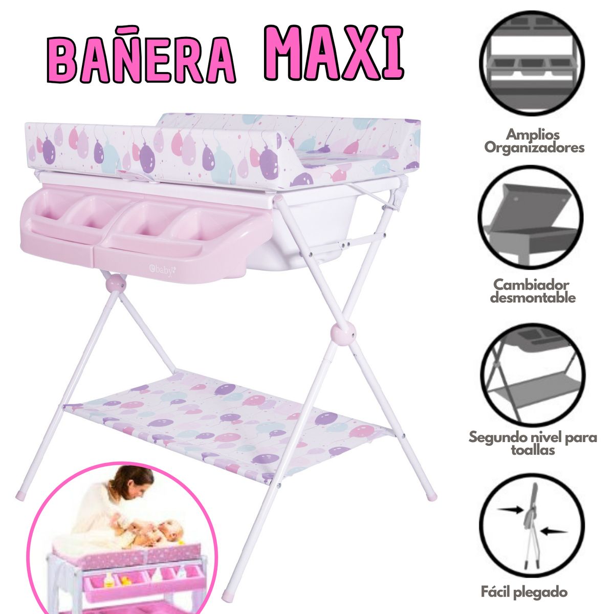 EBABY - BAÑERA CAMBIADOR PLEGABLE MAXI ROSADO EBABY