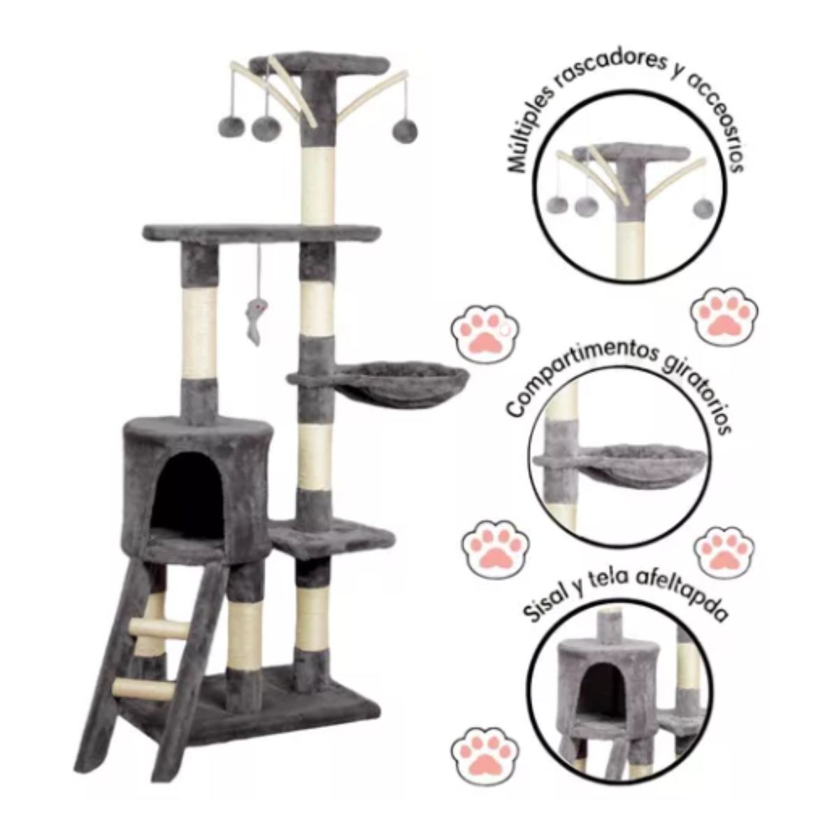 GENERICO - Torre Gimnasio Casa Rascador Gris Para Gatos 5 pisos