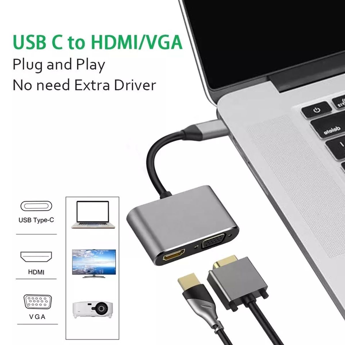 OEM - Hub Adaptador Tipo C a Vga y Hdmi 4K Windows Mac Android