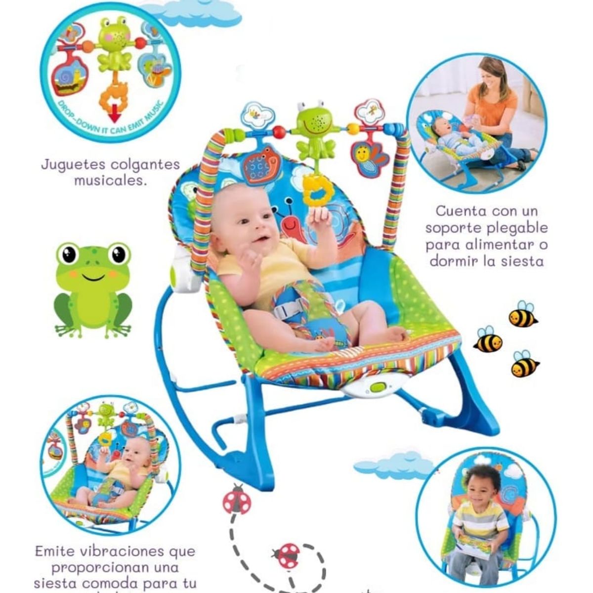 GENERICO - Silla Mecedora con Vibrador Musical y Toys RANA AZUL