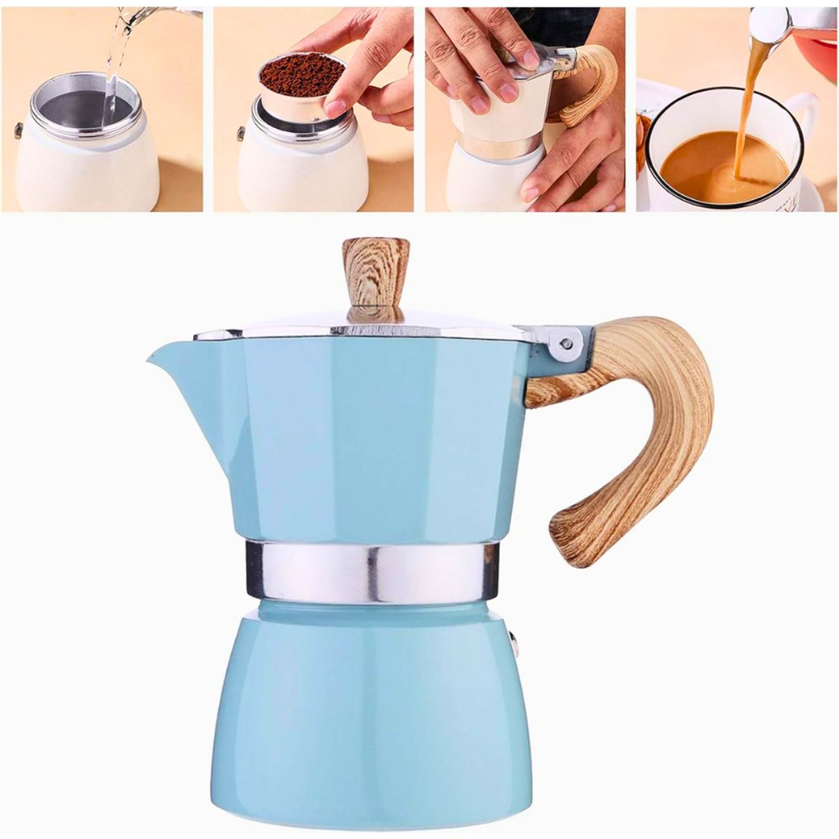 INSPIRA - Cafetera Italiana con Mango de Madera y Aluminio 150 ml